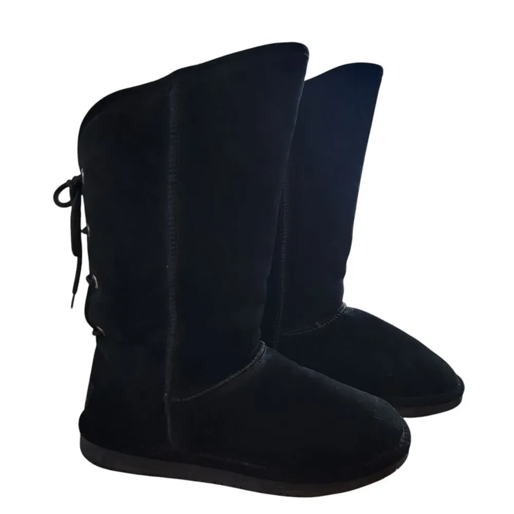Bearpaw Emily Black Sherpa Wool Line Suede Lace-Up Boots Size 10